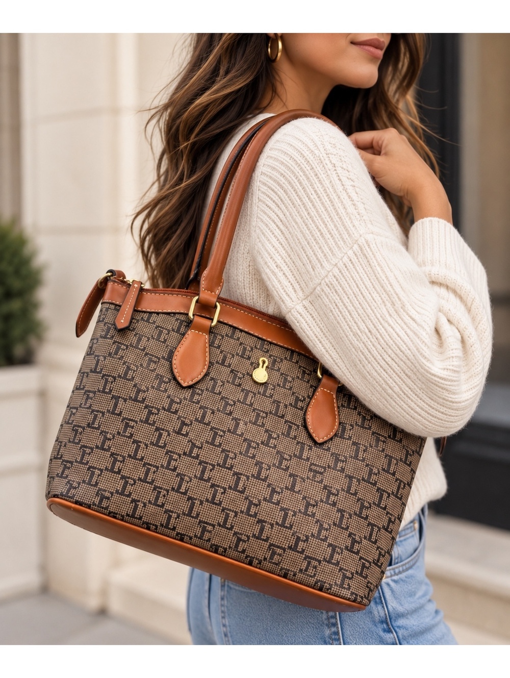 London Fog Monogram Tote Bag with Leather Trim and Adjustable Shoulder Strap